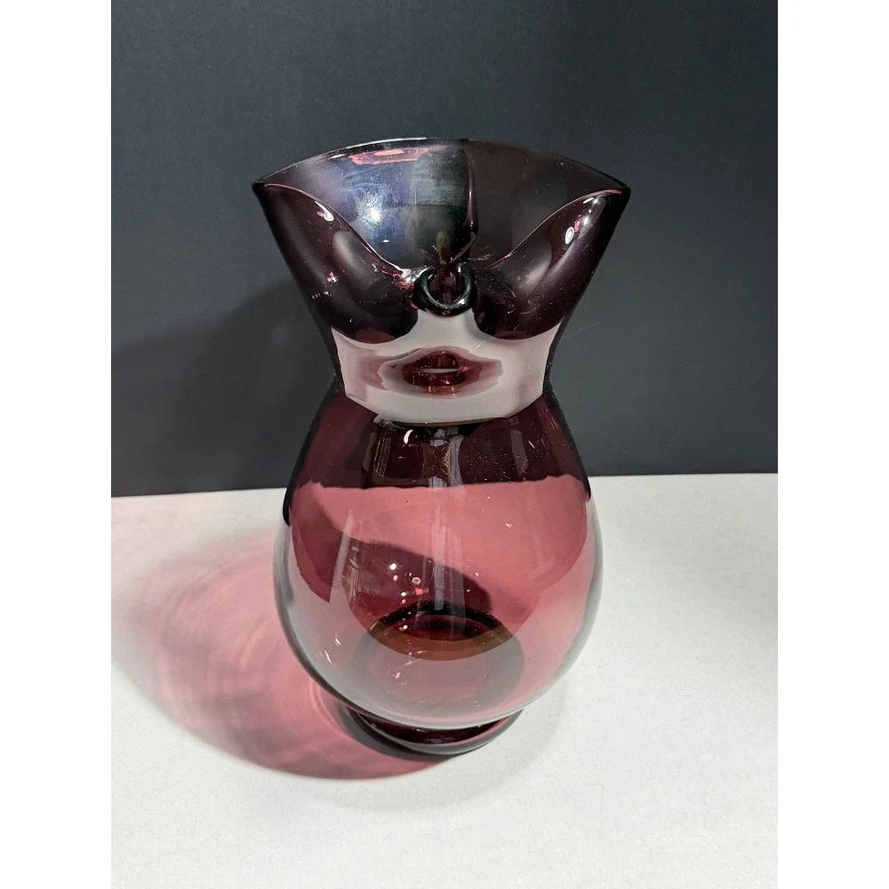 Amethyst Purple Hand Blown Glass‎ Pitcher Tri-Corner Ruffled Rim Vintage Plum